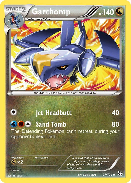 A Pokémon Garchomp (91/124) (Cosmos Holo) (Blister Exclusive) [Black & White: Dragons Exalted] trading card. This blue, dragon-like creature has a menacing expression. The card displays its moves: "Jet Headbutt" and "Sand Tomb." Boasting 140 HP, it has no resistance, double weakness to fairy type, and a retreat cost of one colorless energy. Artwork by Naoki Saito.