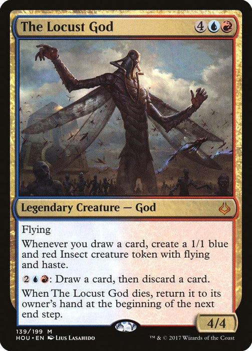 Magic: The Gathering product titled "The Locust God [Hour of Devastation]." This Legendary Creature features an insect-like deity with wings, reaching upward. With a blue-red color scheme, it bears abilities related to drawing cards and creating Insect tokens. It reads, "When The Locust God dies, return it to its owner's hand at the next end step.