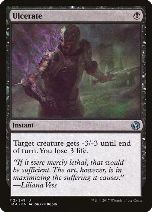 The image is a Magic: The Gathering card from Iconic Masters titled "Ulcerate [Iconic Masters]." It features a dark-armored knight with purple energy radiating from his chest. The card's text reads: “Target creature gets -3/-3 until end of turn. You lose 3 life." Flavor text: “If it were merely lethal...suffering it causes” - Liliana Vess