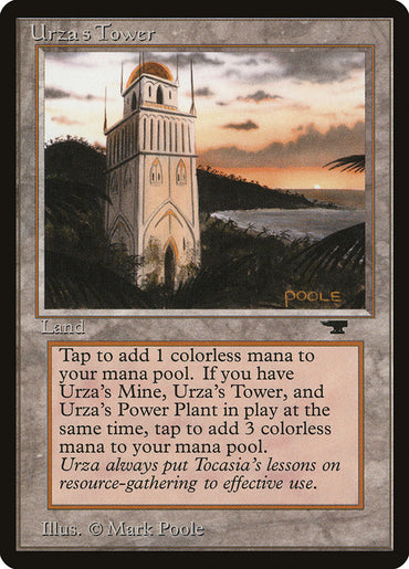 The Magic: The Gathering card "Urza's Tower (Sunset)" from Antiquities, illustrated by Mark Poole, features a tall white tower with a red roof set against a sunset sky by the sea and is part of the powerful trio with "Urza's Mine" and "Urza's Power-Plant.