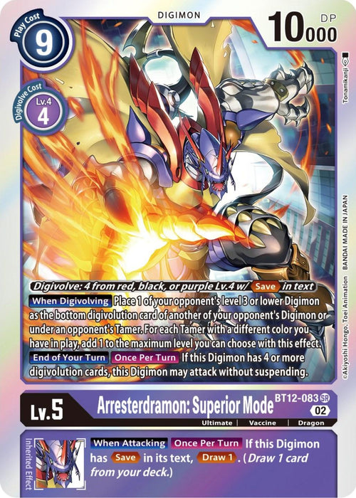 A digital trading card featuring the Super Rare Arresterdramon: Superior Mode [BT12-083] [Across Time] from the Digimon series. The card showcases intricate artwork of a humanoid dragon adorned in red and blue armor, complete with wings and sharp claws. This level 5 Digimon has a play cost of 9, boasts 10,000 DP, and possesses various digivolution abilities and effects detailed on the card.