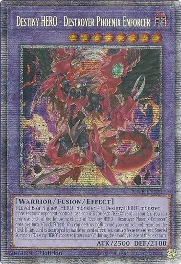 The image features a "Destiny HERO - Destroyer Phoenix Enforcer [POTE-EN100]" Yu-Gi-Oh! trading card in a stunning Starlight Rare finish. It displays a red-armored, winged warrior, with 2500 ATK and 2100 DEF. The effect and card details are prominently showcased at the bottom.