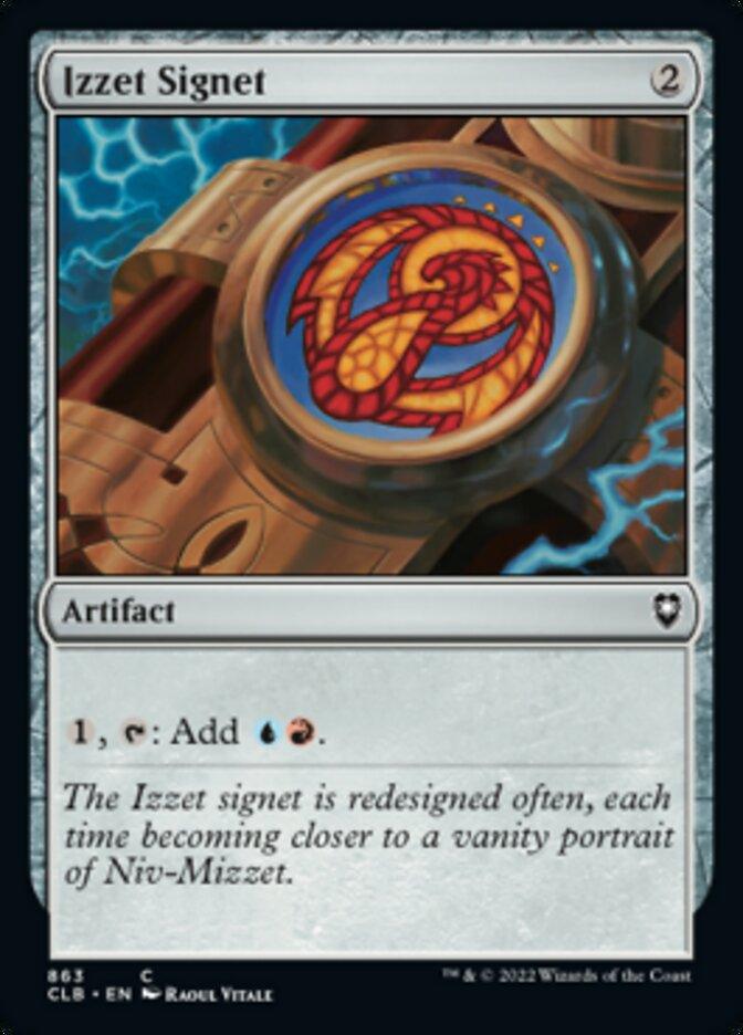 The Magic: The Gathering card, "Izzet Signet [Commander Legends: Battle for Baldur's Gate]," is an artifact costing 2 mana. The artwork features a round emblem surrounded by blue and red lightning bolts. Its ability reads, "1, tap: Add blue and red mana." Frequently redesigned to resemble Niv-Mizzet, this card is an excellent addition to your Commander Legends deck.