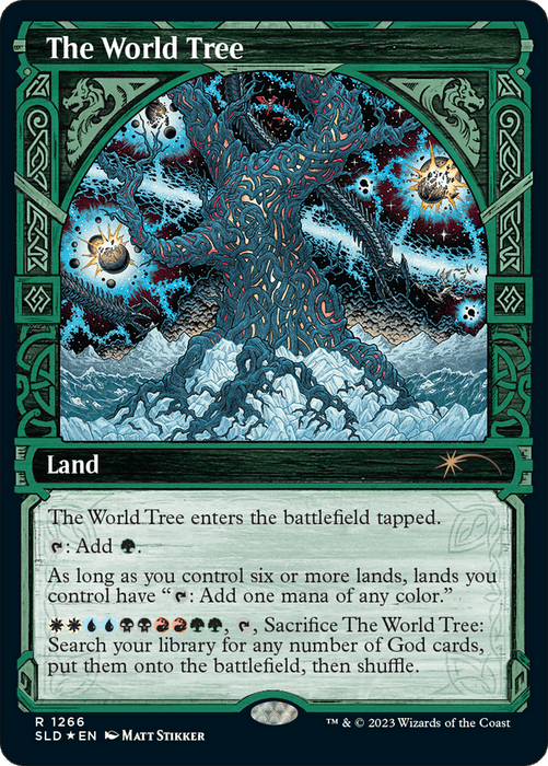 The image is a Magic: The Gathering card named "The World Tree (Halo Foil) [Secret Lair Drop Series]." It features elaborate artwork of a huge, mystical tree with glowing orbs hanging from its branches. This Rare Land card, part of the Secret Lair Drop Series, includes text describing its abilities and how it operates in the game.