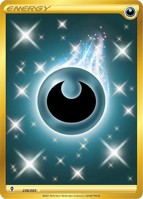 A Pokémon card depicting a Darkness Energy symbol from the Sword & Shield: Evolving Skies set. The card is bordered in gold, with a shimmering, galaxy-like background featuring bright stars. At the center, a black circle with a crescent cutout represents the Darkness Energy. The bottom left reads "236/203 Secret Rare." Pokémon logo at the bottom.

Darkness Energy (236/203) [Sword & Shield: Evolving Skies] by **Pokémon**.