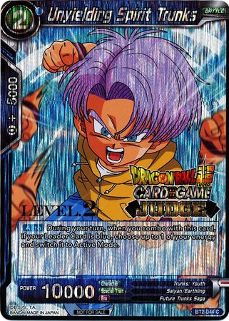 Image of a trading card titled "Unyielding Spirit Trunks (Level 2) (BT2-044) [Judge Promotion Cards]" from the Dragon Ball Super Card Game, featuring a character with purple hair and a serious expression, raising his fist. This Promo card from the Future Trunks Saga boasts stats like Power 10000 and special abilities, all set against a holographic background.