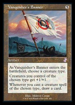 A Magic: The Gathering card titled "Vanquisher's Banner (Timeshifted) [Time Spiral Remastered]" from Magic: The Gathering. It depicts an artifact, a battle flag on a pole on a rocky shore, with a red target and black mark. Text reads: "As Vanquisher’s Banner enters the battlefield, choose a creature type. Creatures you control of the chosen type get +1/+1. Whenever you cast