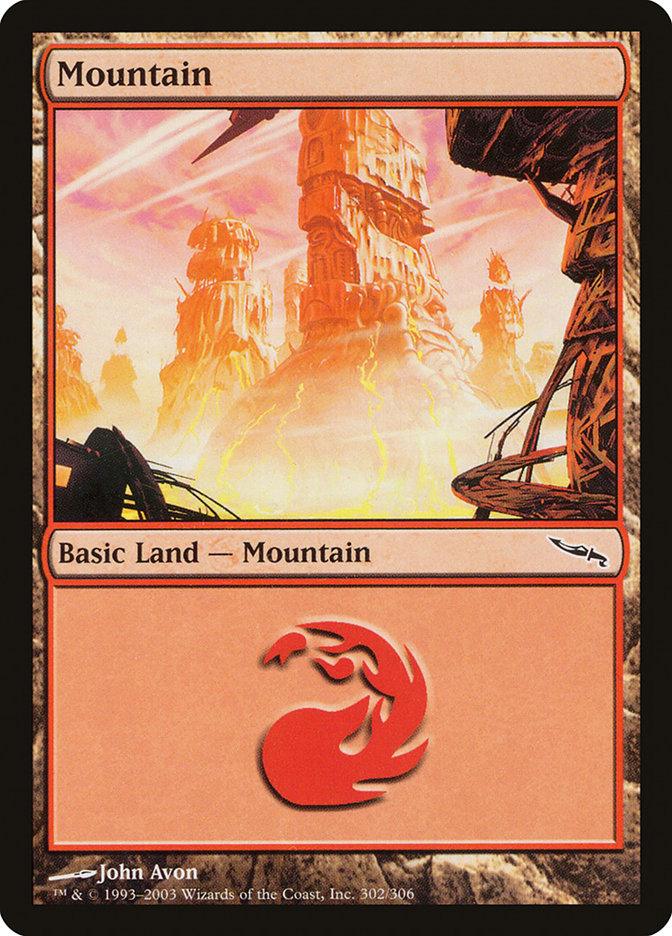 The Magic: The Gathering card titled "Mountain (302) [Mirrodin]" captures the vibrant essence of Mirrodin with its red-bordered frame and a fantastical depiction of a mountainous landscape glowing with fiery colors. The card, labeled as "Basic Land – Mountain," features artwork by John Avon in the bottom right corner.