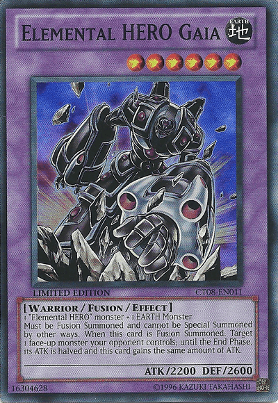 A Yu-Gi-Oh! trading card titled "Elemental Hero Gaia [CT08-EN011] Super Rare" from the 2011 Collectors Tins. This super rare Fusion/Effect Monster features an armored warrior in earth-toned gear, clenching his fists amid flying rubble. With 2200 ATK and 2600 DEF, its purple border marks it as a fusion monster.