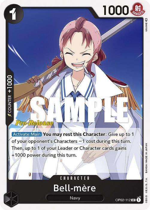 A Character card featuring a smiling female named Bell-mère from the Navy. She has short pink hair and wears a white coat over a striped shirt. The card, detailing her 1000 power and abilities, displays her name and series at the bottom with "Bell-mere [Paramount War Pre-Release Cards]" and "SAMPLE" text on the sleek black-and-white background by Bandai.