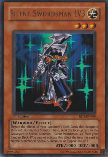 A "Silent Swordsman LV3 [RDS-EN009] Ultra Rare" Yu-Gi-Oh! trading card. This Ultra Rare card features an armored warrior holding a sword, set against a backdrop of shining blue stars. The text describes the Effect Monster's warrior abilities. It has ATK/1000 and DEF/1000 and is labeled 1st Edition with code RDS-EN009.