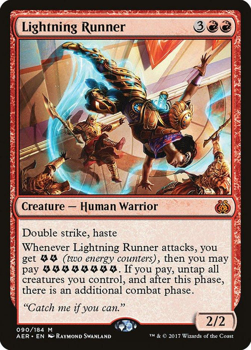 A Mythic Magic: The Gathering card named "Lightning Runner [Aether Revolt]," it costs 3 colorless and 2 red mana to play. Featuring a dynamic warrior mid-leap with lightning effects, it boasts double strike, haste, and energy counters. Power and toughness: 2/2. The flavor text reads, "Catch me if you can.