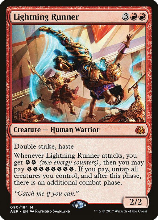 A Mythic Magic: The Gathering card named "Lightning Runner [Aether Revolt]," it costs 3 colorless and 2 red mana to play. Featuring a dynamic warrior mid-leap with lightning effects, it boasts double strike, haste, and energy counters. Power and toughness: 2/2. The flavor text reads, "Catch me if you can.