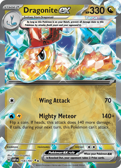 A Pokémon trading card from the Scarlet & Violet: Obsidian Flames series features Dragonite ex (159/197), a Stage 2 dragon-type Pokémon with 330 HP. This Double Rare card showcases two powerful attacks: Wing Attack at 70 damage and Mighty Meteor with up to 280 damage. Details on abilities, weaknesses, resistances, and retreat cost are also included.