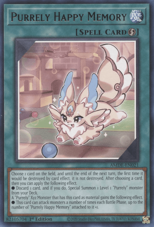 A Yu-Gi-Oh! Quick-Play Spell card titled "Purrely Happy Memory [AMDE-EN021] Rare." It features an adorable, fluffy white Purrely monster with large blue eyes, pink accents, and fairy-like wings surrounded by glowing orbs. The card text outlines a property that applies when it is selected. Part of the Amazing Defenders set, this 1st Edition card is identified as AMDE-EN021.