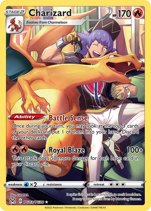 A Pokémon trading card featuring Charizard, a dragon-like creature with orange skin and wings, from the Sword & Shield: Lost Origin series. Its trainer is cheering in the background. Charizard has 170 HP and fire-based abilities, including "Battle Sense" and "Royal Blaze." The card number is TG03/TG30 and is illustrated by GIDORA.