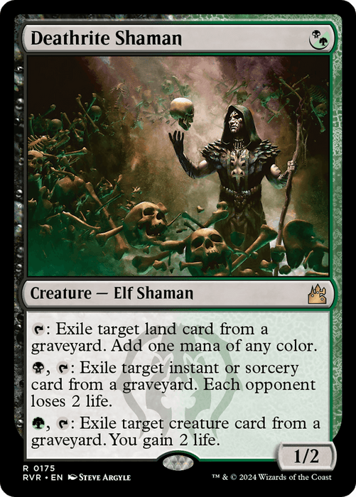 A Magic: The Gathering card titled Deathrite Shaman [Ravnica Remastered]. This rare Elf Shaman features a hooded figure in a dark forest, surrounded by spectral skulls. With a power and toughness of 1/2, it has three mana-dependent abilities impacting the graveyard.