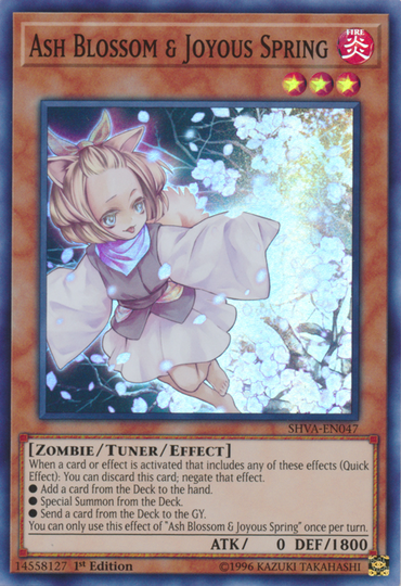 The Yu-Gi-Oh! card "Ash Blossom & Joyous Spring [SHVA-EN047] Super Rare" features an anime-style Tuner/Effect Monster with a Zombie type, pink eyes, and a white kimono. It has 0 attack and 1800 defense against the ethereal backdrop of Shadows in Valhalla.