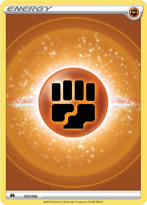 A Pokémon trading card featuring a glowing orange background with sparkles. A bold black fist symbol is centered on the card, indicating it is a Fighting Energy card. Part of the Crown Zenith series from Sword & Shield, this Ultra Rare gem reads “157/159” and ©2023 Pokémon/Nintendo/Creatures/GAME FREAK. The product name is Fighting Energy (157/159) (Texture Full Art) [Sword & Shield: Crown Zenith] by Pokémon.
