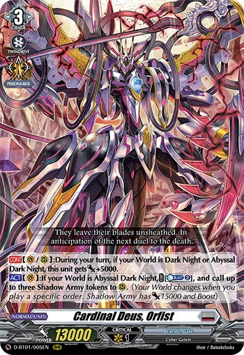 From Bushiroad's Genesis of the Five Greats set, the Triple Rare trading card "Cardinal Deus, Orfist" (D-BT01/005EN) features a character adorned in intricate and ornate armor with metallic hues of purple, gold, and red. Boasting sharp edges and weaponry, this card from Brandt Gate has a power level of 13000 with a critical rating of 1.