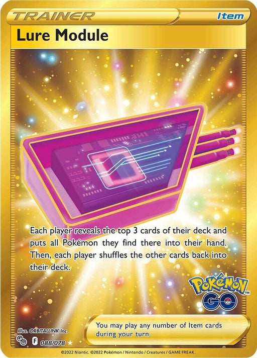 Pokémon TCG card titled "Lure Module (088/078) [Pokémon GO]" under "Trainer" and "Item" categories. The illustration shows a pink and yellow futuristic device emitting light, with a Pokédex-style screen. Text describes gameplay effects of revealing the top 3 cards of each player's deck. Background is sparkly yellow, making it feel like a Secret Rare from Pokémon.