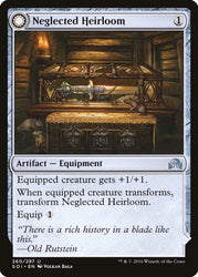 A "Magic: The Gathering" card titled "Neglected Heirloom // Ashmouth Blade," part of the Shadows over Innistrad series. It is an Artifact — Equipment card featuring a dimly lit room with a dusty shelf holding various trinkets, including a disheveled book and an ornate box. The card text explains its effects and includes a quote from Old Rutstein.