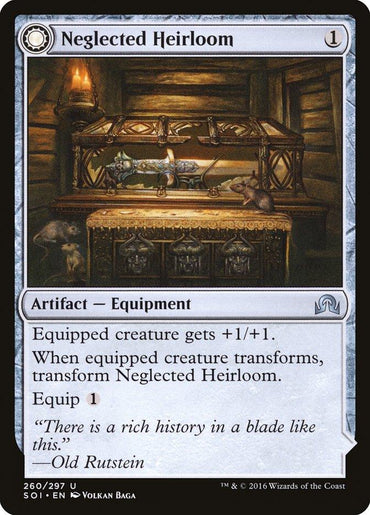 A "Magic: The Gathering" card titled "Neglected Heirloom // Ashmouth Blade," part of the Shadows over Innistrad series. It is an Artifact — Equipment card featuring a dimly lit room with a dusty shelf holding various trinkets, including a disheveled book and an ornate box. The card text explains its effects and includes a quote from Old Rutstein.