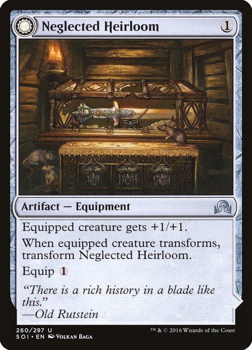 A "Magic: The Gathering" card titled "Neglected Heirloom // Ashmouth Blade," part of the Shadows over Innistrad series. It is an Artifact — Equipment card featuring a dimly lit room with a dusty shelf holding various trinkets, including a disheveled book and an ornate box. The card text explains its effects and includes a quote from Old Rutstein.