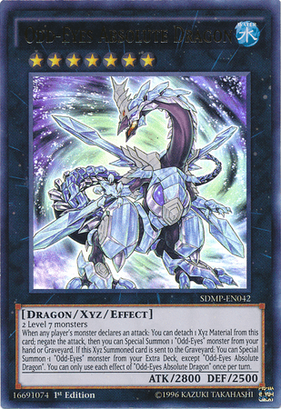 An "Odd-Eyes Absolute Dragon [SDMP-EN042] Ultra Rare" Yu-Gi-Oh! card featuring a blue and white dragon with icy and cosmic elements. This Xyz/Effect Monster boasts stats: ATK/2800 and DEF/2500, requiring 2 Level 7 monsters. Its effect text describes special summon abilities and interactions during battle phases.