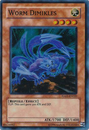 The Super Rare "Yu-Gi-Oh!" trading card titled "Worm Dimikles [HA01-EN020]" from the Hidden Arsenal series features a blue, serpent-like creature with multiple legs and a menacing expression. This Effect Monster boasts 1700 ATK and 1400 DEF, gaining an additional 300 ATK and DEF when flipped.