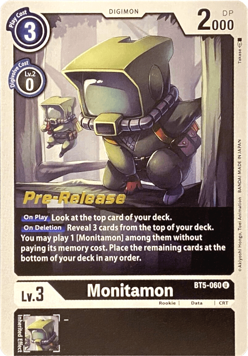 A Digimon card for Monitamon [BT5-060] [Battle of Omni Pre-Release Promos], the green, square-helmeted Rookie with a screen face. The Battle of Omni pre-release card details play cost (3) and DP (2000) at the top. The 