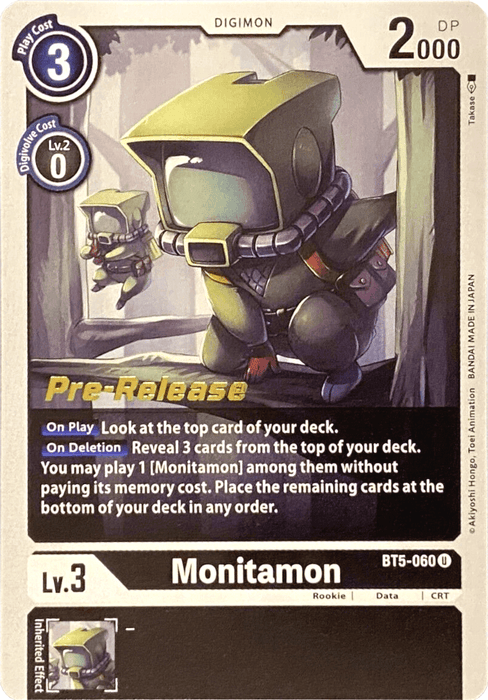 A Digimon card for Monitamon [BT5-060] [Battle of Omni Pre-Release Promos], the green, square-helmeted Rookie with a screen face. The Battle of Omni pre-release card details play cost (3) and DP (2000) at the top. The "On Play" and "On Deletion" abilities are described, with Lv. 3 and type (Rookie) noted at the bottom.