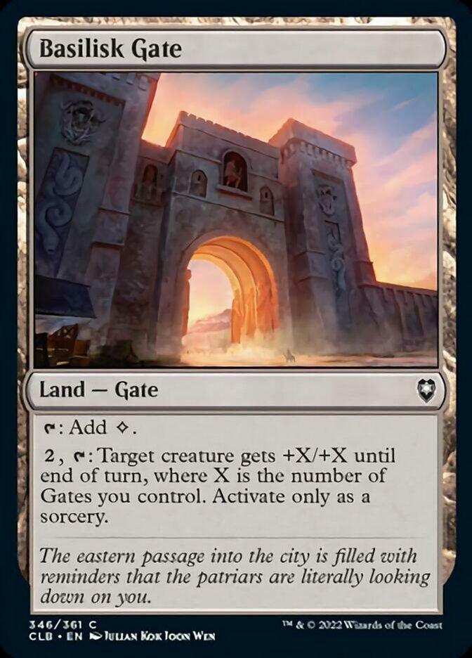 Magic: The Gathering card titled **Basilisk Gate [Commander Legends: Battle for Baldur's Gate]**. This Land — Gate features a grand medieval archway bathed in sunset glow, adorned with intricate stone carvings. Spell text reads 