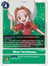 A Digimon trading card from the Release Special Booster Ver.1.0 features Mimi Tachikawa [BT1-089], a smiling young girl with long light brown hair, wearing a pink shirt and a green hat with a red band. She is holding her hat with one hand. This Tamer card includes her name, card details, abilities, and effects in the Digimon universe.
