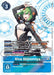 A Digimon Rina Shinomiya [BT11-112] [Dimensional Phase] card featuring Rina Shinomiya. Rina has green hair and wears a black hoodie with a green and white suit underneath, set against a Dimensional Phase background. The card's abilities are detailed in text boxes, while the blue border at the bottom contains security and memory cost details. Labeled "BT11-112" with a play cost of 3.