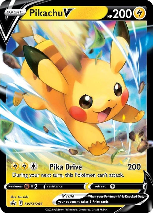 A Pokémon Pikachu V (SWSH285) [Sword & Shield: Black Star Promos] card featuring Pikachu mid-leap with electric lightning and a determined expression. It has 200 HP and features the move "Pika Drive." Weakness is ×2 to Fighting. Bottom text includes illustrator, set number, and game mechanics. Yellow and black border design.