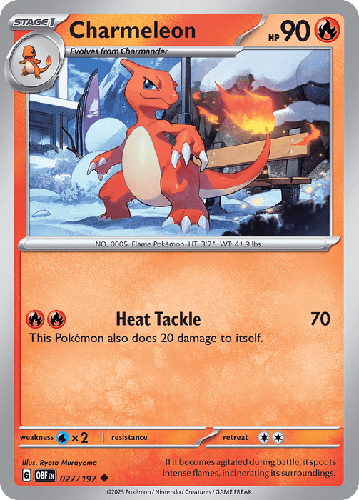 A Pokémon Charmeleon (027/197) [Scarlet & Violet: Obsidian Flames] card. Charmeleon is depicted standing on a rocky surface, surrounded by Obsidian Flames with a blue fire in the background. The card shows 90 HP (Hit Points) and has an attack named "Heat Tackle" which deals 70 damage but does 20 damage to itself. At the bottom right, there is some flavor text.