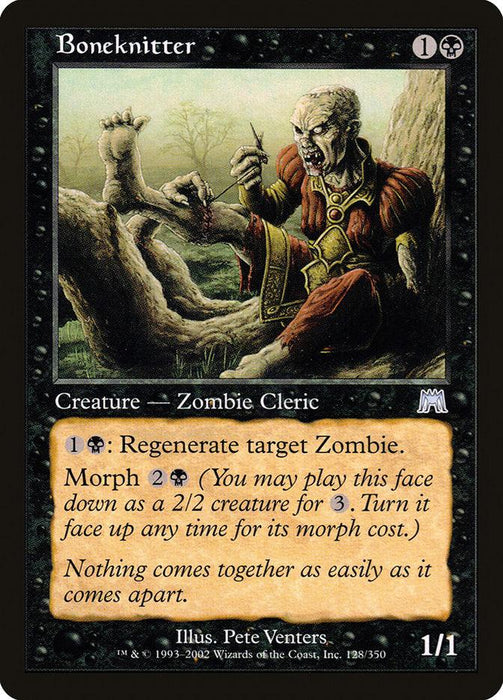 A trading card depicting Boneknitter [Onslaught], a regenerating zombie cleric from Magic: The Gathering. The art shows a skeletal figure in eerie robes sitting among trees, pulling apart a bone. The text box describes its abilities: regenerating zombies and morphing into a 2/2 creature. The card stats are 1/1.