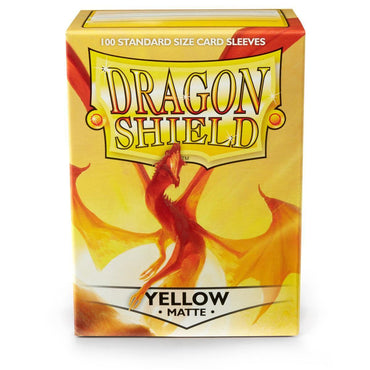 Box of Arcane Tinmen's "Dragon Shield: Standard 100ct Sleeves - Yellow (Matte)" featuring a red dragon illustration soaring against a lively yellow background. Renowned for their durable shuffle-ability, the package prominently displays "100 Standard Size Matte Sleeves" at the top.