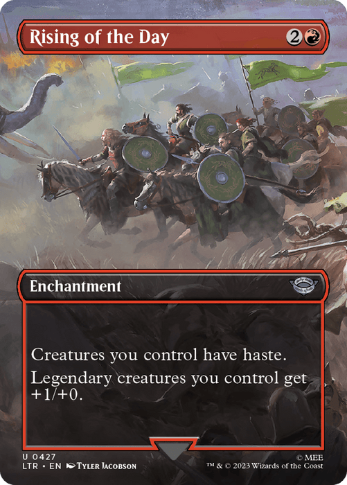 A "Magic: The Gathering" card titled "Rising of the Day (Borderless Alternate Art) [The Lord of the Rings: Tales of Middle-Earth]," inspired by *The Lord of the Rings.* The image depicts warriors on horseback, green flags waving, charging into battle. This Enchantment costs 2 generic and 1 red mana, granting creatures haste and giving legendary creatures +1/+0.