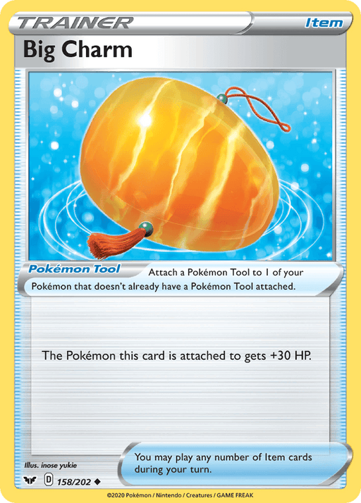 A Pokémon trading card titled "Big Charm (158/202) [Sword & Shield: Base Set]" from the Pokémon brand. It features a large, golden charm with red cord accents floating against a blue background with white sparkles. The Uncommon card grants a Pokémon +30 HP and is labeled as a Trainer Item card with the identifier "158/202" at the bottom left.