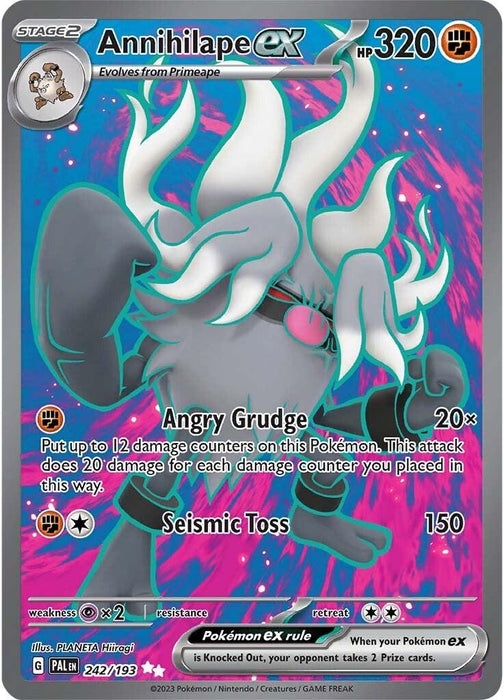 A Pokémon Annihilape ex (242/193) [Scarlet & Violet: Paldea Evolved] depicting a ghostly ape-like creature with white fur, red eyes, and a ghostly blue glow. This Ultra Rare card from Scarlet & Violet: Paldea Evolved has 320 HP and features the attacks "Angry Grudge" and "Seismic Toss," indicating weakness to Psychic types and resistance to Fighting types.
