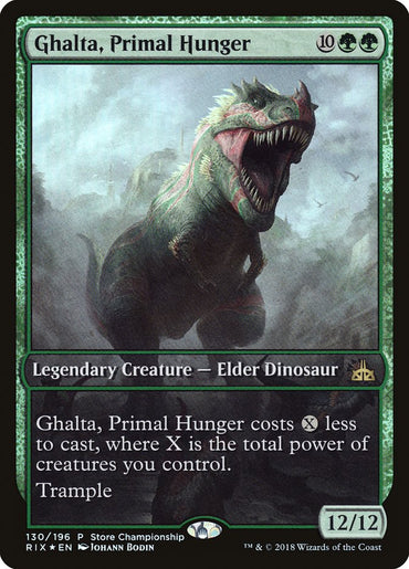 The image displays the "Ghalta, Primal Hunger (Store Championship) (Extended Art)" card from Magic: The Gathering's Rivals of Ixalan Promos, depicting an Elder Dinosaur roaring in misty greenery. This legendary rare card is 12/12 and features a cost-reducing ability based on your creatures' power.