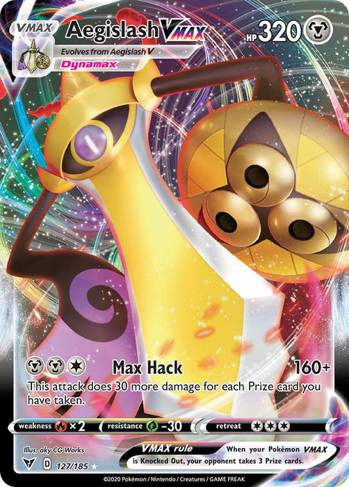 Aegislash VMAX (127/185) [Sword & Shield: Vivid Voltage] from the Pokémon series. Aegislash is a sword and shield-like Pokémon with eyes on both the hilt and shield. This Ultra Rare card has 320 HP and features the move "Max Hack," which deals extra damage based on Prize cards taken, set against a colorful, swirling background.