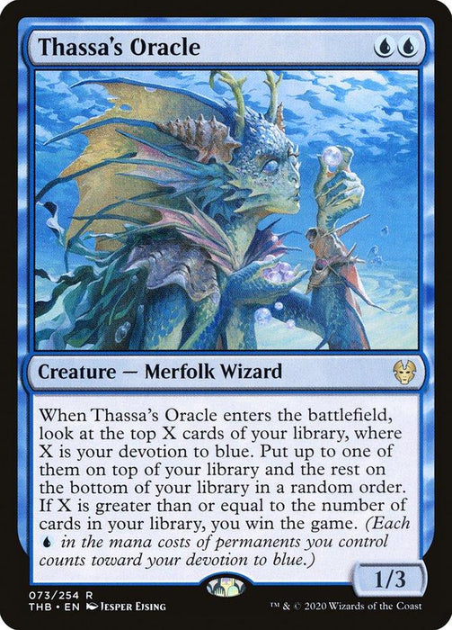 Image of the Magic: The Gathering card "Thassa's Oracle [Theros Beyond Death]" from Magic: The Gathering. This rare creature is depicted with fins and scales, glowing blue eyes, and holding a large blue orb. The card's text details its abilities, focusing on looking at the top cards of the library based on devotion to blue.