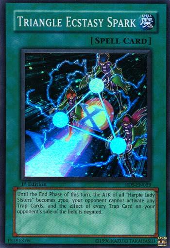 A Yu-Gi-Oh! trading card titled "Triangle Ecstasy Spark [RDS-EN039] Super Rare" from the Rise of Destiny series, this Normal Spell showcases three Harpie Lady Sisters releasing bolts of electric energy at a central target. The card text explains its effect, which boosts ATK and restricts Trap Cards for the opponent.
