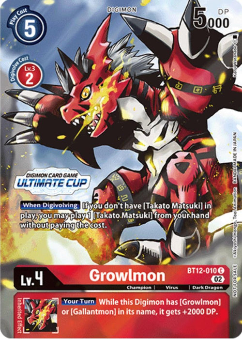 A Digimon card featuring Growlmon [BT12-010] (Ultimate Cup) [Across Time Promos], a red and black Dark Dragon-like creature with sharp claws and teeth. Growlmon is depicted in an aggressive stance with fiery energy around it. This promo card has a blue level 5 in the top left, 5000 DP in the top right, and textual details about its abilities below.