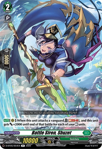 Here's an improved version of the original sentence using the provided product data:

"Battle Siren, Shuzet (D-BT05/054EN) from Bushiroad's Triumphant Return of the Brave Heroes collection is a rare card showcasing a mermaid character in a purple outfit with white gloves, holding a trident. The background features a dynamic, swirling vortex with vibrant colors. This Grade 2 card boasts 10,000 power and various abilities.