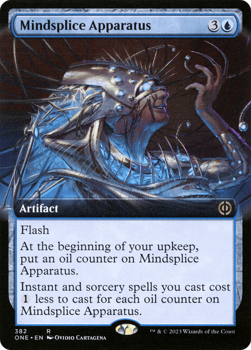 A Magic: The Gathering card titled "Mindsplice Apparatus (Extended Art) [Phyrexia: All Will Be One]." The artwork depicts a figure connected to machinery, with tubes and wires attached to their head. The text box describes the artifact's abilities: "Flash. At the beginning of your upkeep, put an oil counter on Mindsplice Apparatus. Instant and sorcery spells you cast cost 1 less to cast for each oil counter on Mindsplice.