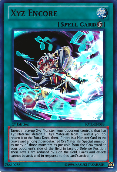 A Yu-Gi-Oh! trading card titled "Xyz Encore [JOTL-EN088] Ultra Rare" shows a spellcaster wielding energy and musical notes. It has a blue-green border indicating it is a Normal Spell card from the Judgment of the Light set. Its effect text describes summoning specific monsters and altering their positions. The Ultra Rare card's identification number is JOTL-EN088.